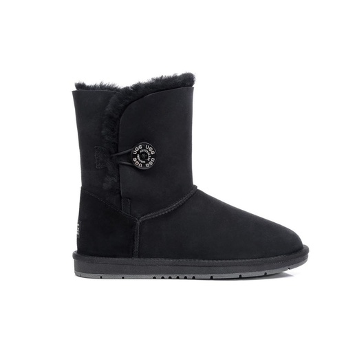 UGG Boots Short Button - Premium Australian Sheepskin, Water Resistant, Non-Slip - Black - Au Ladies 5/ Au Men 3/ Eu36