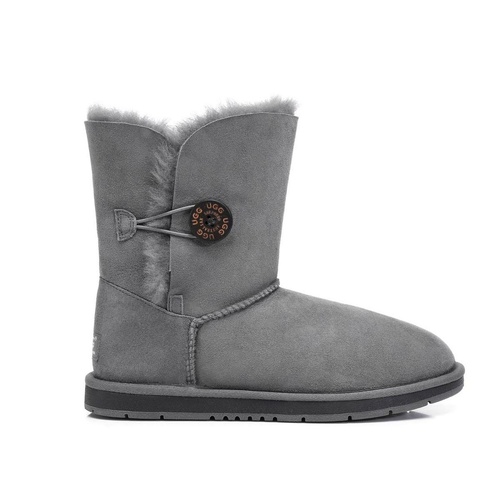 UGG Boots Short Button - Premium Australian Sheepskin, Water Resistant, Non-Slip - Grey - Au Ladies 4/ Au Men 2/ Eu35